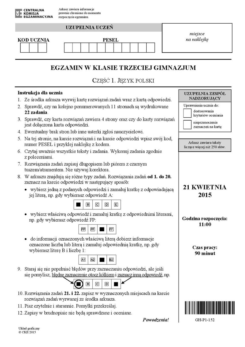 Egzamin gimnazjalny. Język polski (ARKUSZE 2015)