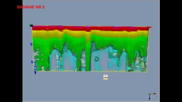 Wycinek z badań weryfikacyjnych wykonanych georadarem. Przedstawia system obiektów w kompleksie Riese na odcinku około 150mb na głębokości około 20 metrów