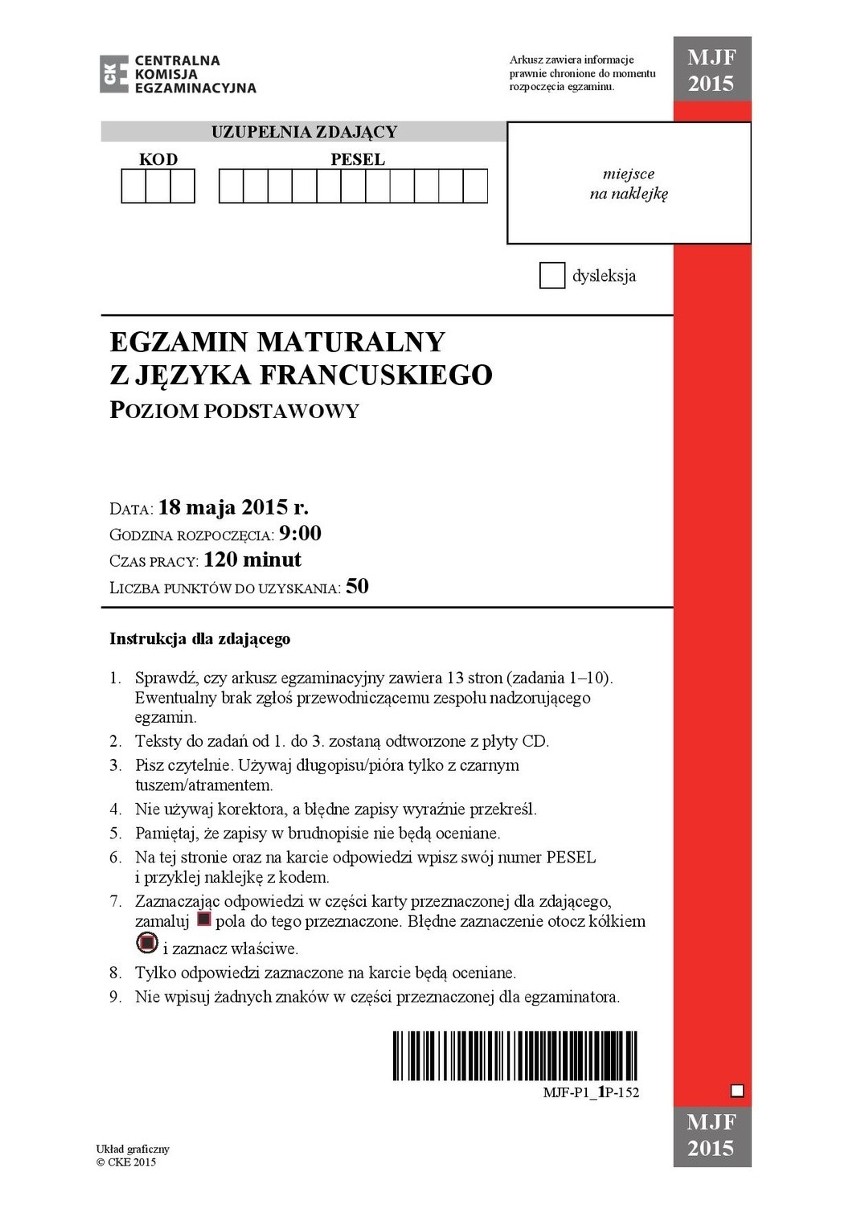 Matura 2015. Język FRANCUSKI poziom podstawowy dla LO...