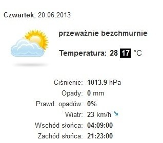 Gdańsk: Pogodaczwartek 20.06.2013Temperatura będzie sięgała 28 stopni Celsjusza.Nie powinny występować opady.Wiatr będzie wiał z prędkością do 23 km/h