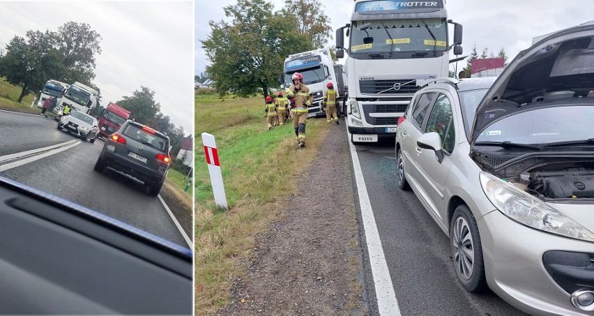 Protasy. Wypadek z udziałem ciężarówek na drodze krajowej. Kierująca osobówką w szpitalu [ZDJĘCIA]  