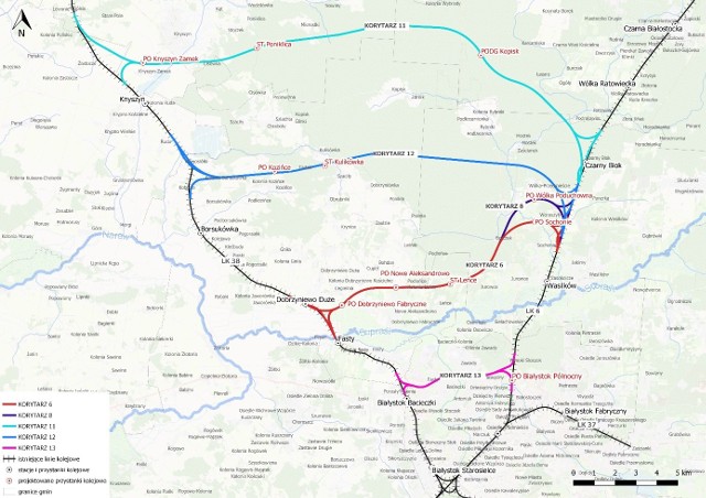 Analizowane warianty przebiegu kolejowej obwodnicy miasta na północ od Białegostoku