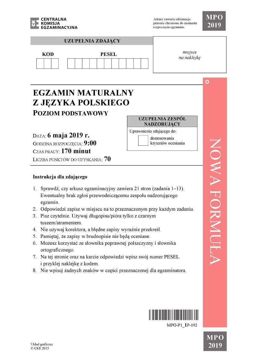 Matura 2019 POLSKI podstawa: ODPOWIEDZI, ARKUSZ, LEKTURY. "Dziady" i rozprawka  na maturze podstawowej z polskiego 09.05.2019 r.