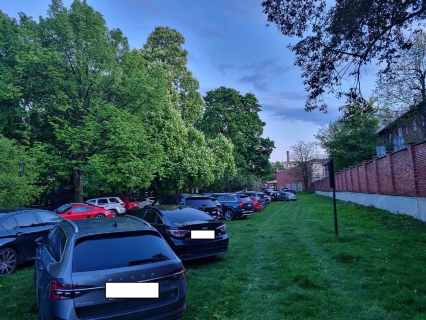 Kraków. Park Strzelecki zamienił się w parking. Mieszkanka nie kryje oburzenia i punktuje Bractwo Kurkowe