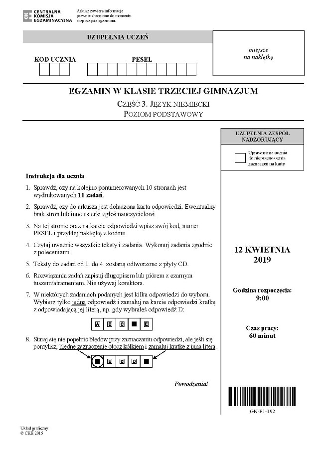 EGZAMIN GIMNAZJALNY 2019: JĘZYK NIEMIECKI - PODSTAWA [ARKUSZE CKE,  ODPOWIEDZI, 12.04.19] | Głos Wielkopolski