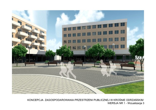 Wizualizacje odnowionych miejsc: "szachownicy" oraz placu przed byłym WBK w Krośnie Odrzańskim.