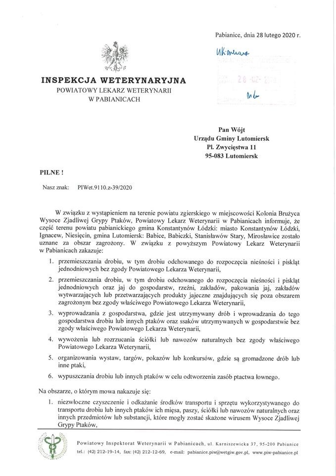 Gmina Lutomiersk zagrożona ptasią grypą. Powiatowy Lekarz Weterynarii wydał ostrzeżenie