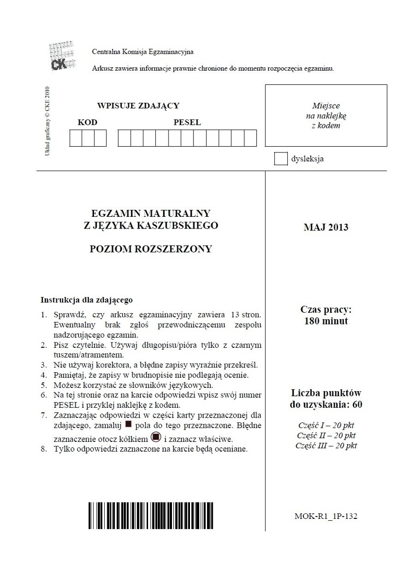 MATURA 2013 z CKE. Język kaszubski - poziom rozszerzony [ARKUSZE, PYTANIA, ODPOWIEDZI]