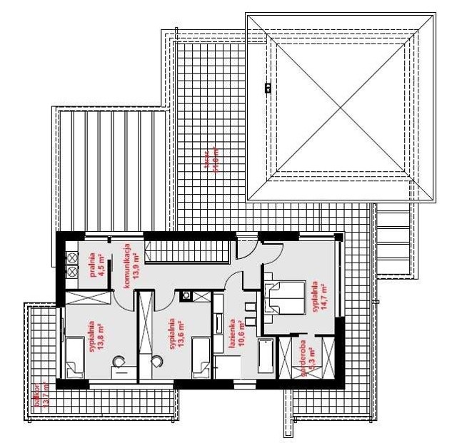 Przykład funkcjonalnego układu pomieszczeń na jednym poziomie dużego domu jednorodzinnego. Coraz częściej w strefie nocnej wydziela się tzw. master bedroom, czyli apartament rodziców składający się z sypialni, prywatnej łazienki i garderoby 