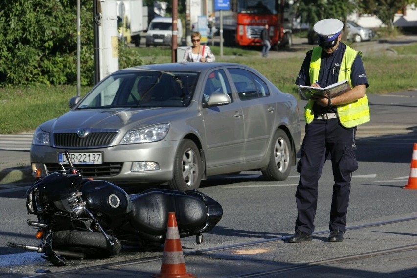 Pl. Wróblewskiego: Wypadek z udziałem motocyklisty. Nie jeździły tramwaje na Księże Małe [FOTO]