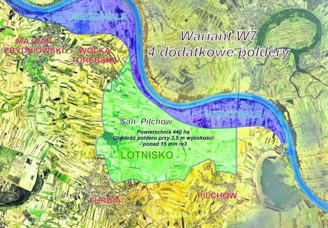 Na mapce widać planowany suchy polder na terenie lotniska, a wokół niego przylegające miejscowości gminy Zaleszany. Ich mieszkańcy obawiają się wody z polderu.