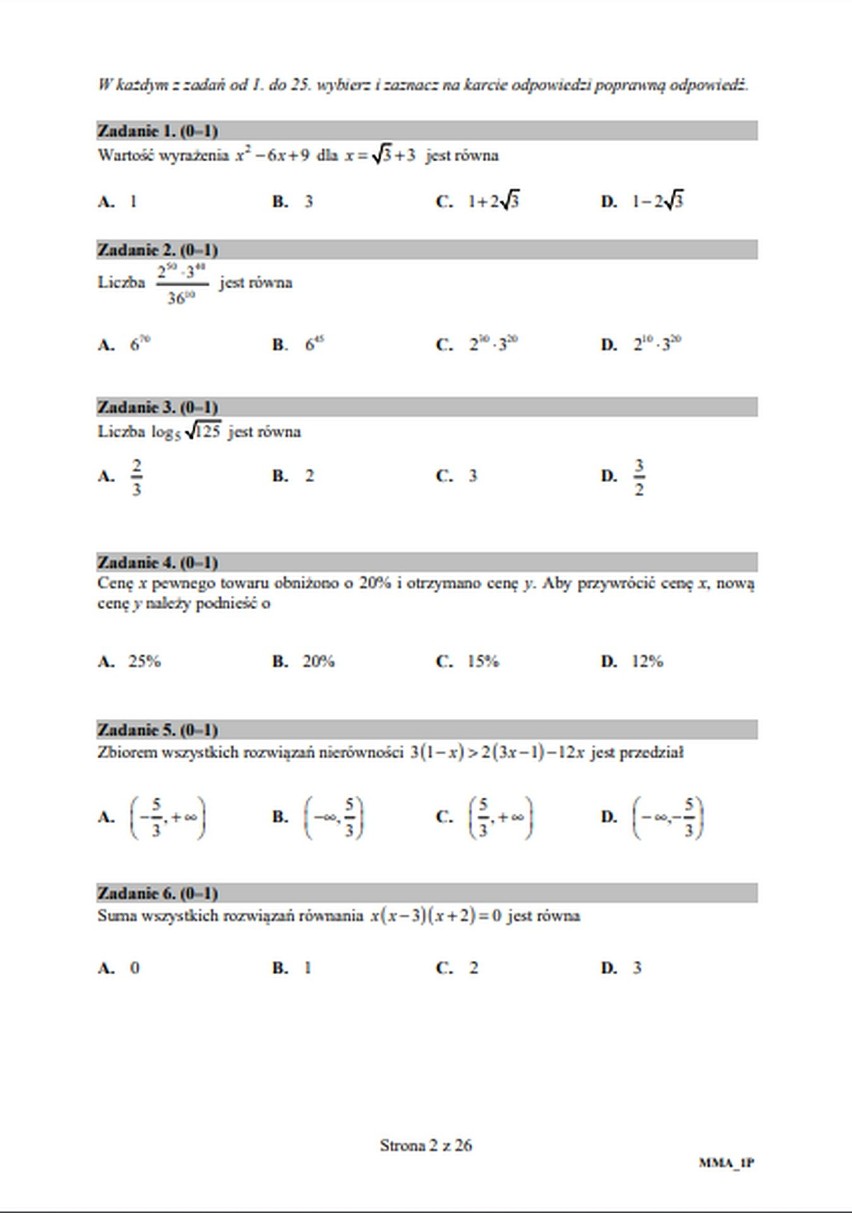 Matura z matematyki poziom podstawowy - ARKUSZ CKE - zobacz wszystkie zadania 2020