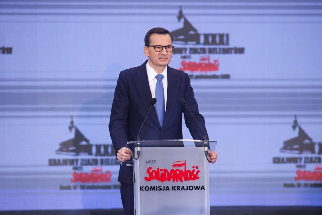 Premier Mateusz Morawiecki na zjeździe „Solidarności”.