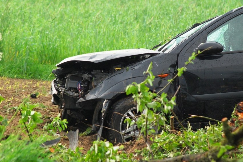 Wypadek w Kamieniu: Ford wypadł z drogi i uderzył w drzewo
