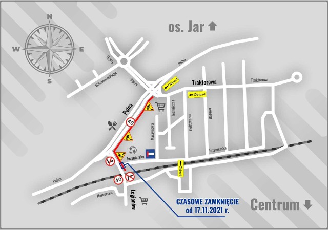 Od 17 listopada 2021 r., od ok. godz. 9.00 zostanie zamknięte skrzyżowanie ulicy Inżynierskiej i Legionów w Toruniu. Objazd do ul. Inżynierskiej odbywać się będzie ulicami Polną, Traktorową i Elektryczną