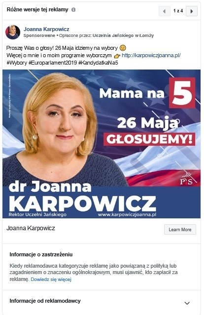 Za reklamy kandydatki z PiS Joanny Karpowicz zapłaciła prywatna uczelnia, której jest rektorem. Tak wynika z Facebooka