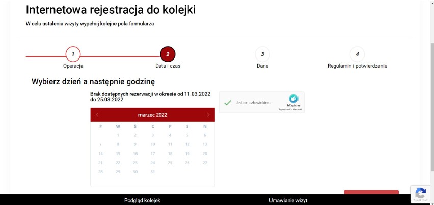 Zrzut ekranu z systemu rezerwacji terminów online