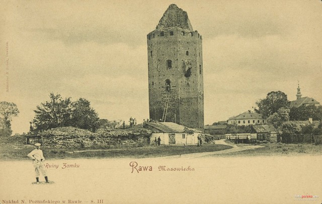 23 października 1460 r. sąd w Rawie ostatecznie rozstrzygnął spór graniczny arcybiskupich wsi Głuchów i Miłochniewice z właścicielami wsi szlacheckich Naropna i Wola Naropińska. Na zdjęciu  ruiny zamku w Rawie Mazowieckiej, 1903.
