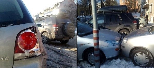 Kierowca forda explorera uciekał przed kolizją. Wpadł w poślizg i staranował 3 samochody stojące na parkingu.