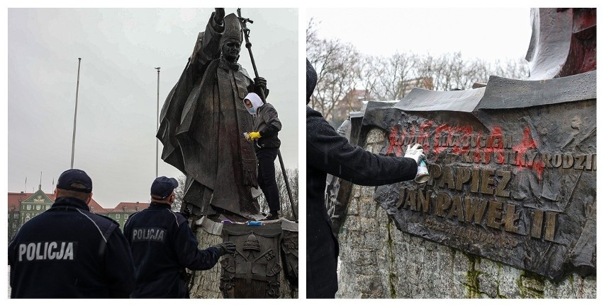 Zdewastowany pomnik Jana Pawła II w Szczecinie. Zdjęcia...