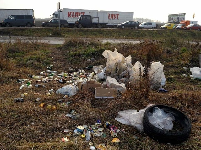 Zaśmiecone pobocza przy drodze prowadzącej do przejścia granicznego. Odpady są pozostałością po podróżnych czekających na odprawę często w długich kolejkach.
