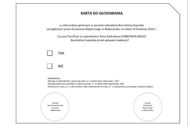 Wzór karty do głosowania w referendum w sprawie odwołania Burmistrza Supraśla przed upływem kadencji