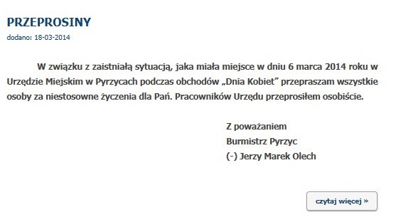 Treść przeprosin, jakie we wtorek, 18 marca, zamieścił na urzędowej stronie internetowej burmistrz Pyrzyc.