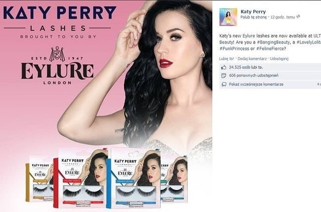 Katy Perry reklamuje sztuczne rzęsy (fot. screen z Facebook.com)