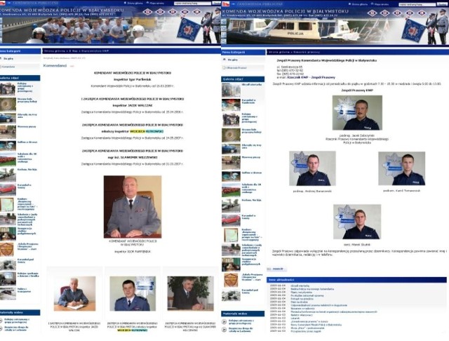 Mł. insp. Wojciech Rutkowski bardzo szybko zniknął ze strony internetowej podlaskiej policji (na screenie z lewej u dołu w środku). Był tam jeszcze w środę rano, w południe już go zabrakło. Dla porównania, na tej samej stronie internetowej czytamy, że rzecznikiem podlaskiej policji jest podinsp. Jacek Dobrzyński, który już od ubiegłego tygodnia jest rzecznikiem CBA (screen z prawej, zdjęcie u góry).