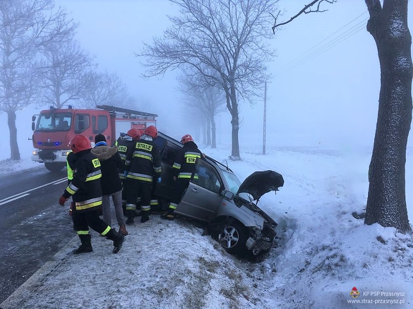Wypadek na drodze Przasnysz-Ciechanów. Nissan wypadł z drogi [ZDJĘCIA]