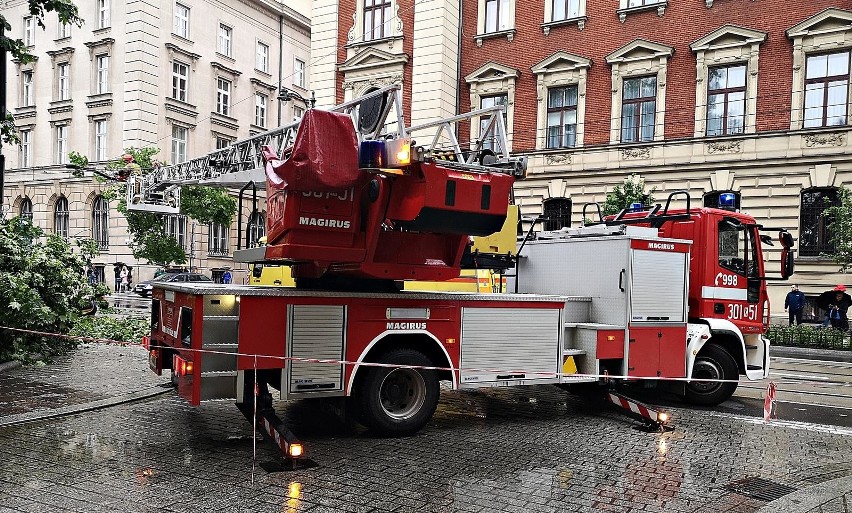 Kraków. Powalone drzewo zablokowało Basztową [ZDJĘCIA]