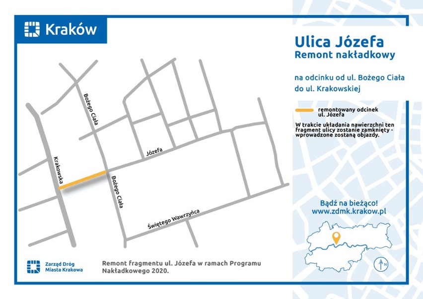 Kraków. Remont ul. Józefa i inne prace na drogach w mieście. Remonty, zmiany w ruchu