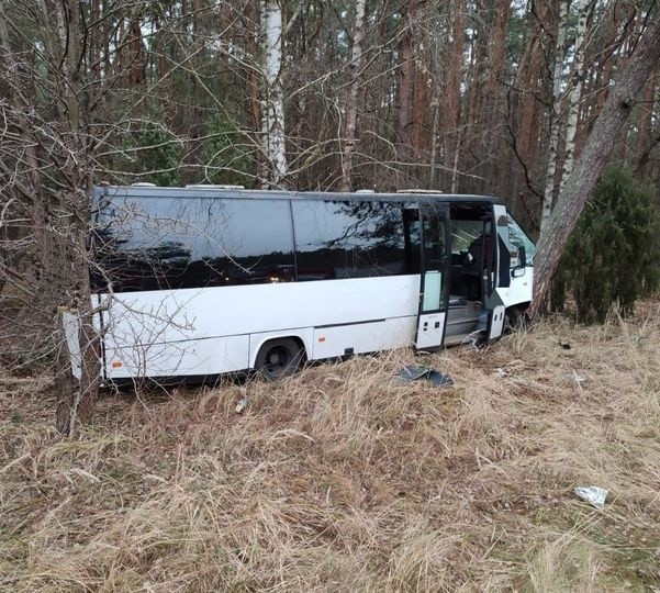 Wypadek drogowy pod Lucynowem na odcinku starej drogi krajowej nr 8. Autobus wypadł z drogi, uderzył w drzewo. 13.11.2021