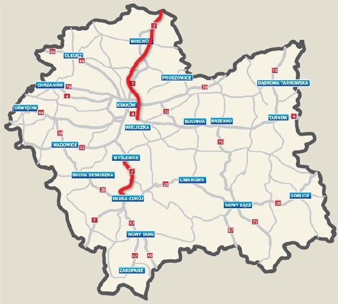 S7 w Małopolsce - na północ od Krakowa przebieg orientacyjny