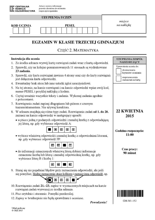 Egzamin gimnazjalny 2016. Matematyka (ARKUSZE, PYTANIA, ZADANIA z poprzednich lat)