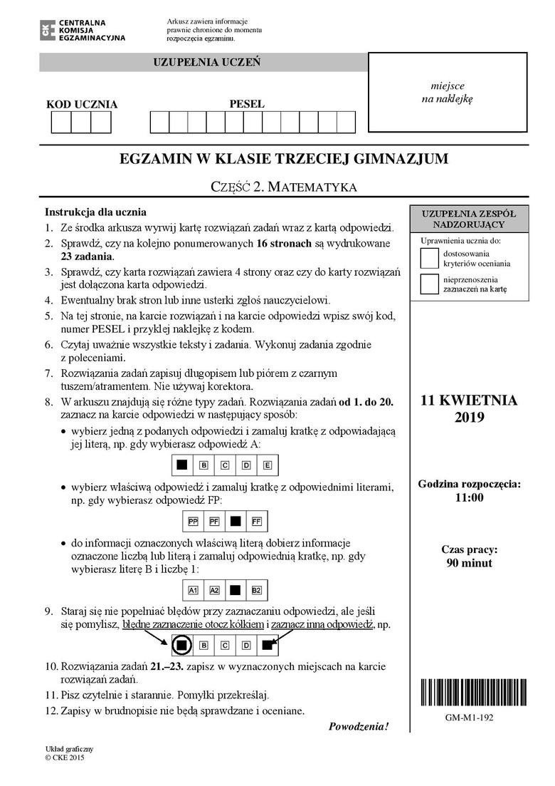 Egzamin gimnazjalny 2019 MATEMATYKA - ARKUSZE CKE pytania odpowiedzi