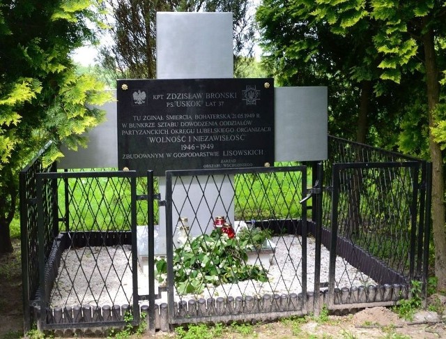 9. Nowogród (dawniej Dąbrówka), pomnik ku czci kpt. Zdzisława Brońskiego „Uskoka”, stojący w miejscu jego śmierci.