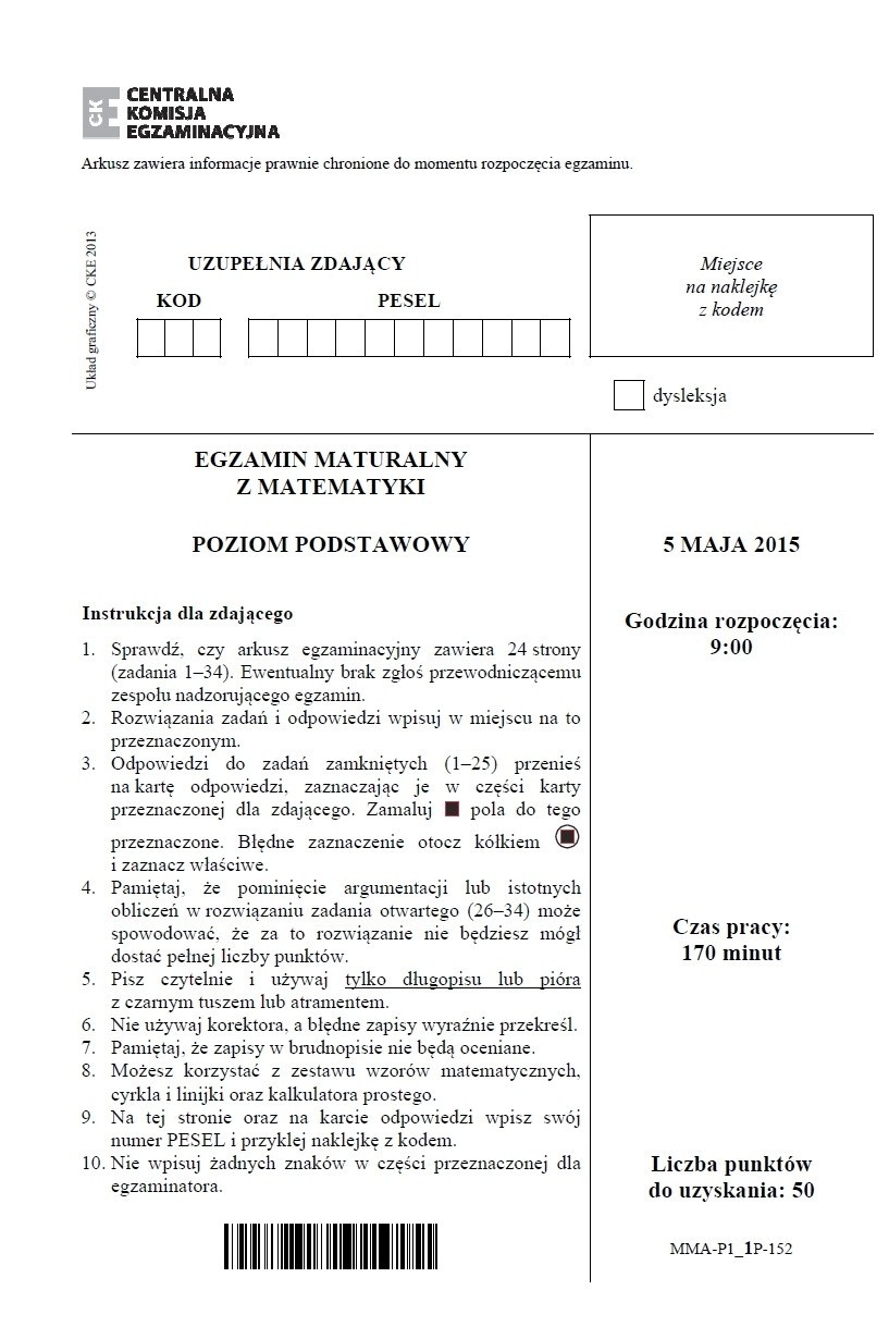 Matematyka 2015 - stara matura - arkusz CKE w pliku pdf