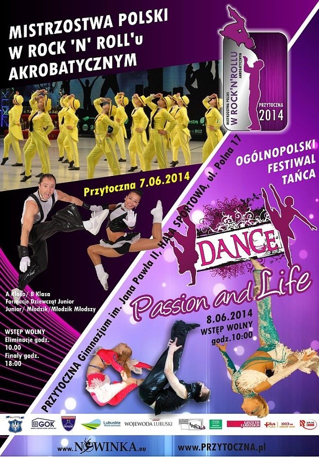 Około 1,5 tys. tancerzy z 50 zespołów weźmie udział w Mistrzostwach Polski w Rock&#8216;n'Roll'u Akrobatycznym oraz Ogólnopolskim Festiwalu Tańca "Dance-Passion and Life&#8221;, które odbędą się w sobotę i niedzielę w Przytocznej.
