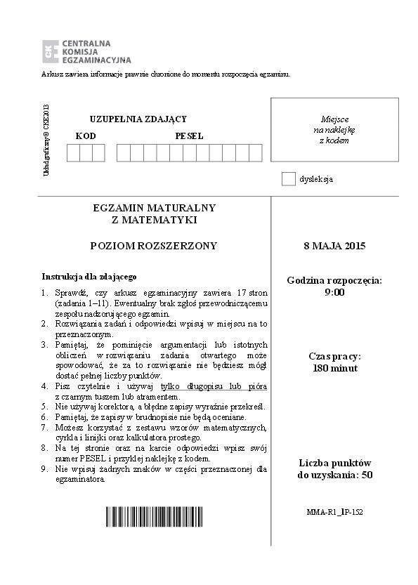 MATURA 2015. MATEMATYKA poziom rozszerzony TECHNIKUM, LICEUM [ZADANIA, ODPOWIEDZI, ARKUSZE CKE]