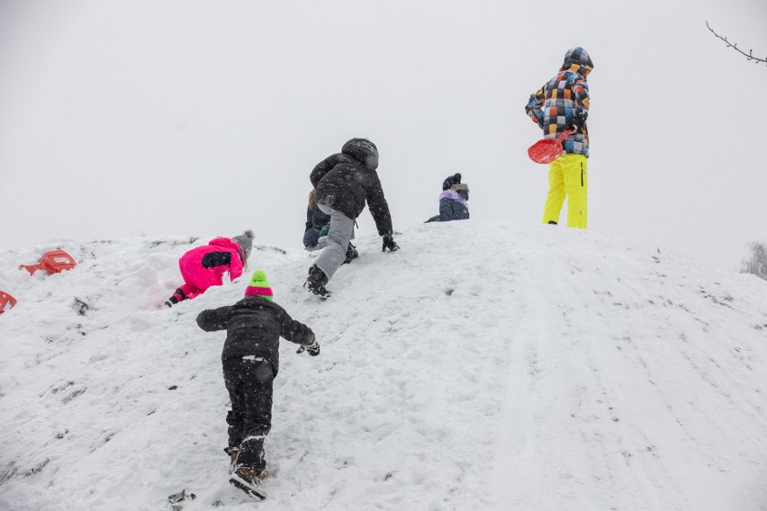 Kraków pod śniegiem. Dzieci zachwycone, wsiadły na sanki i zakładają łyżwy. Jest mapa górek saneczkowych - a na niej jedna nowa lokalizacja