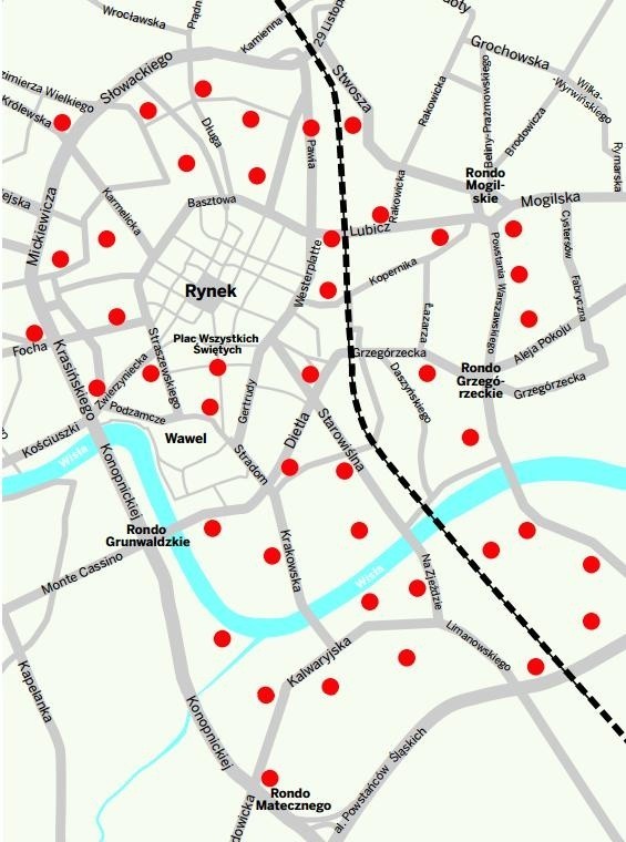 Czerwone kropki oznaczają miejsca, gdzie mają powstać stacje wypożyczalni