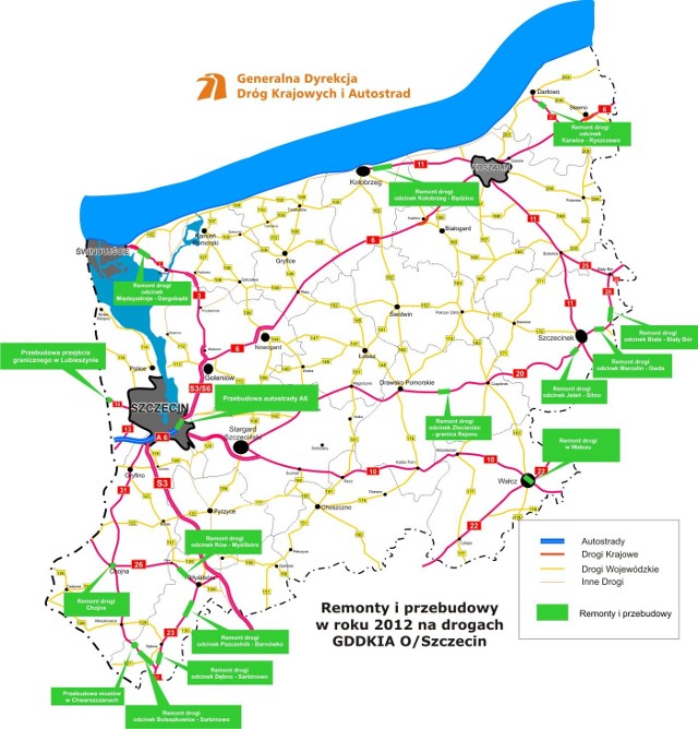 Zachodniopomorskie: 40 kilometrów dróg do remontu Mapka przedstawia drogi, które w tym roku zostaną wyremontowane.