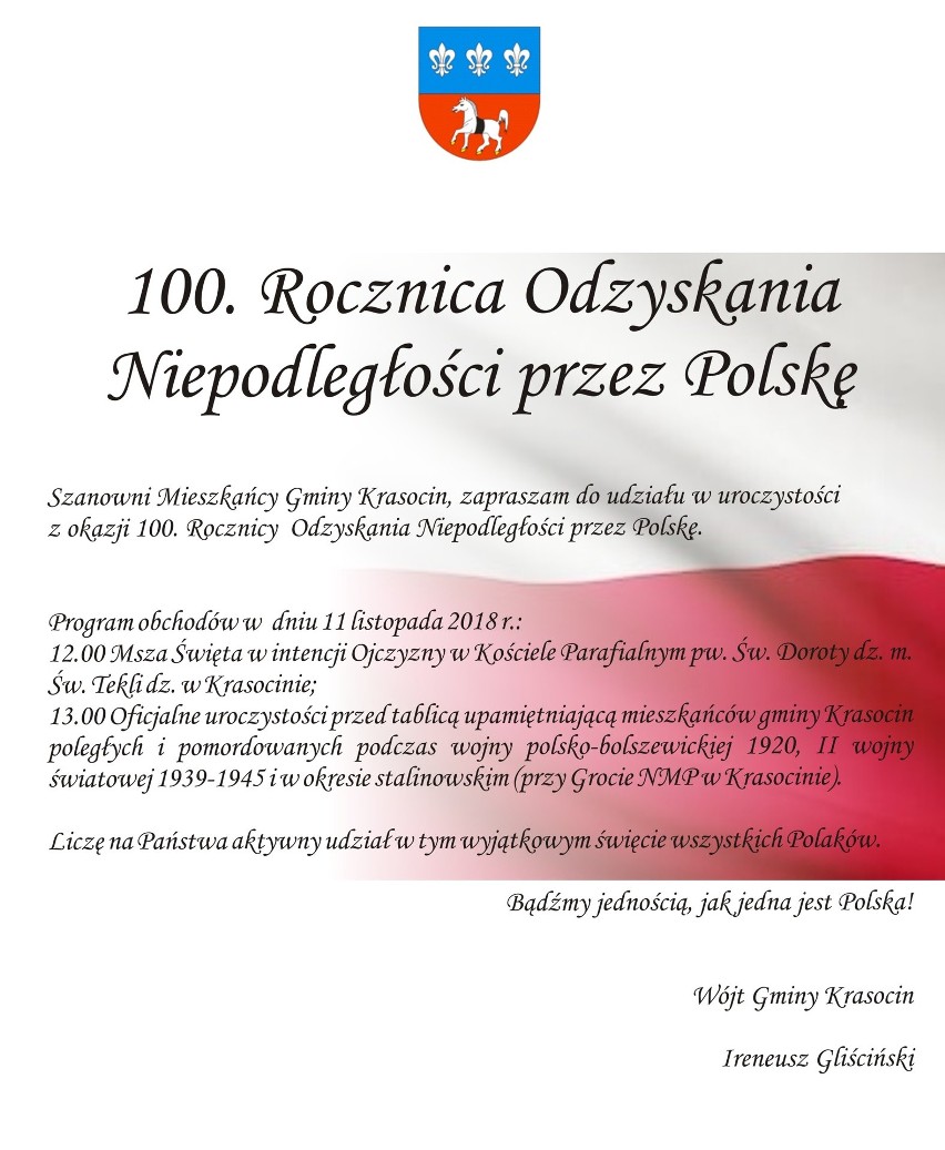 Uroczystości w Krasocinie na 100 lat odzyskania przez Polskę niepodległości