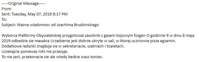 Mail o takiej treści został wysłany w środę, 8 maja.