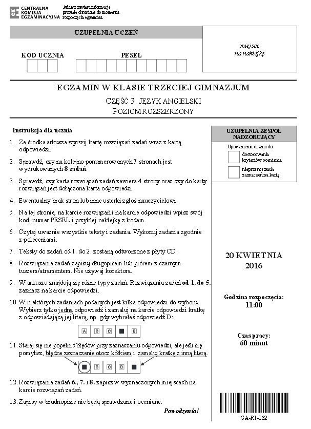 EGZAMIN GIMNAZJALNY ANGIELSKI rozszerzony 2016 mamy ARKUSZE CK! ZADANIA, ODPOWIEDZI