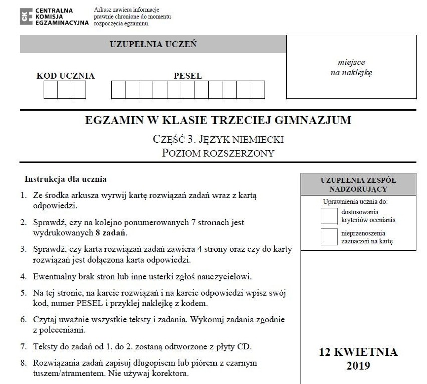 Egzamin gimnazjalny 2019. JĘZYK NIEMIECKI P. ROZSZERZONY ARKUSZ CKE I ODPOWIEDZI. Testy gimnazjalne (j. niemiecki rozszerzenie) 12.04.2019