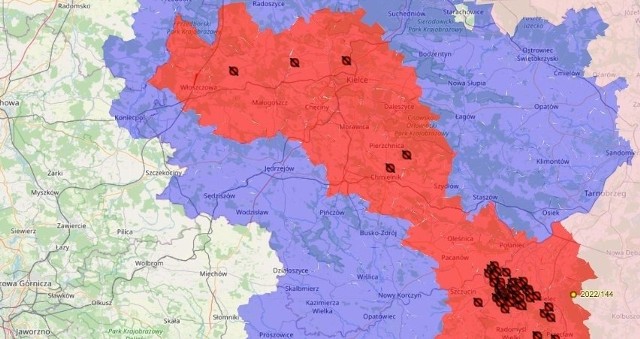 Mapa obrazująca teren zajęty przez czerwoną strefę w Świętokrzyskiem.