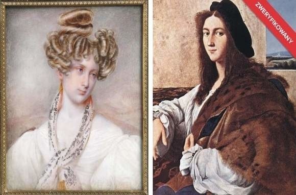 Autorem akwareli "Portret nieznajomej" (z lewej) jest Jan Nepomucen Głowacki. Jest to prawdopodobnie portret żony autora, Marii. Po prawej "Portret młodzieńca” Rafaela Santi