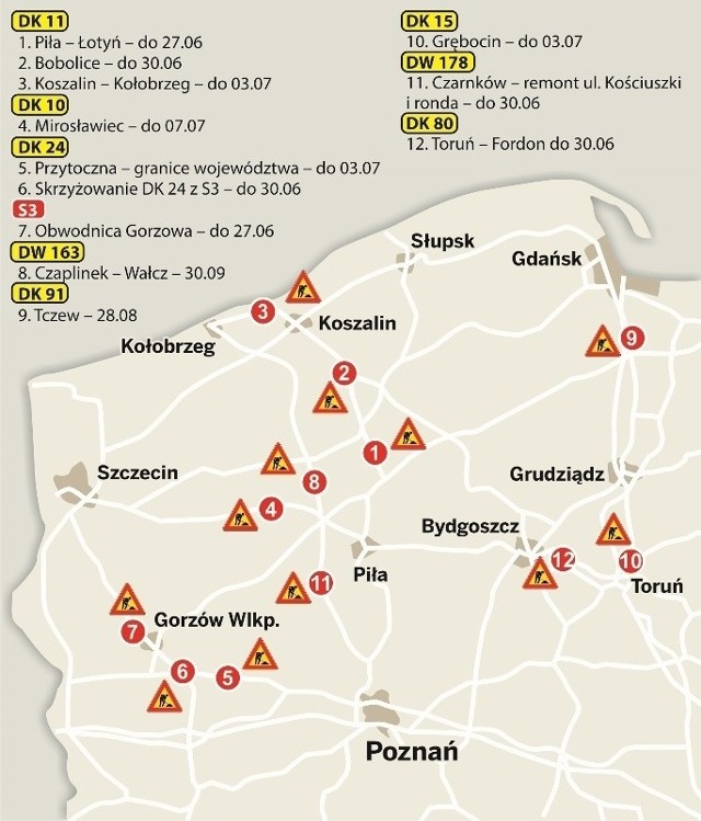 Mapa remontów na drogach prowadzących nad morze